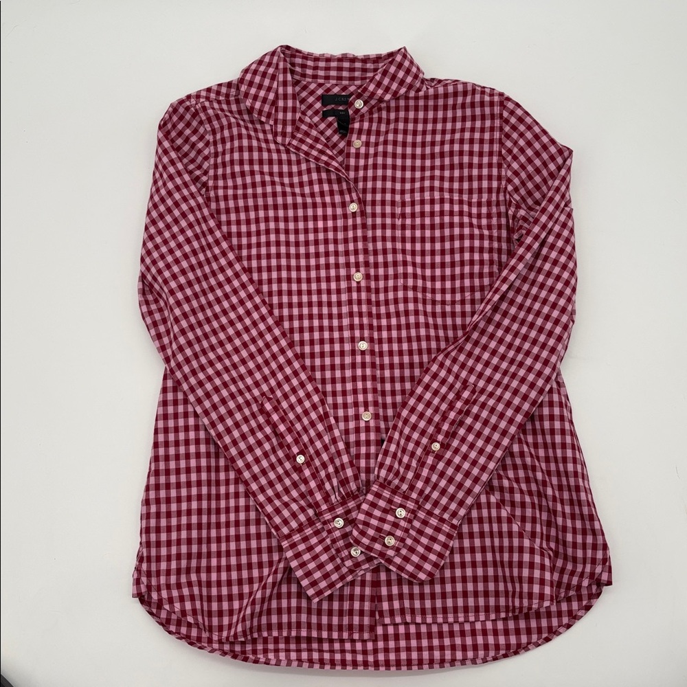 J. Crew Boys Size 2 Button Up Checkered Plaid Shirt Purple and Pink